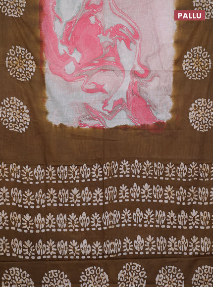 Batik cotton saree multi colour and mustard green with allover prints and batik printed border