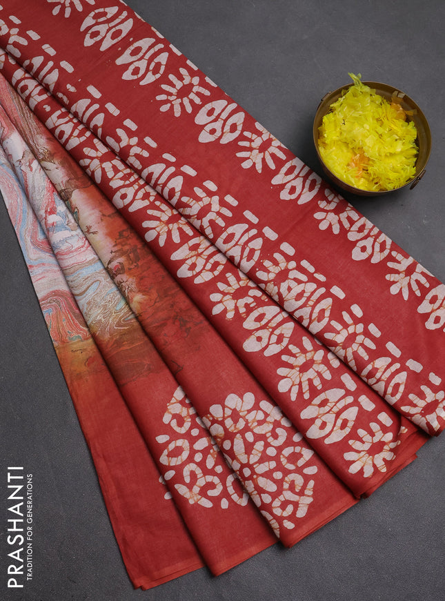 Batik cotton saree multi colour and rust shade with allover prints and batik printed border