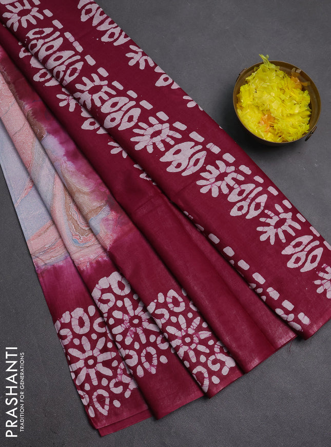 Batik cotton saree multi colour and wine shade with allover prints and batik printed border