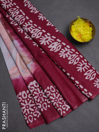 Batik cotton saree multi colour and wine shade with allover prints and batik printed border