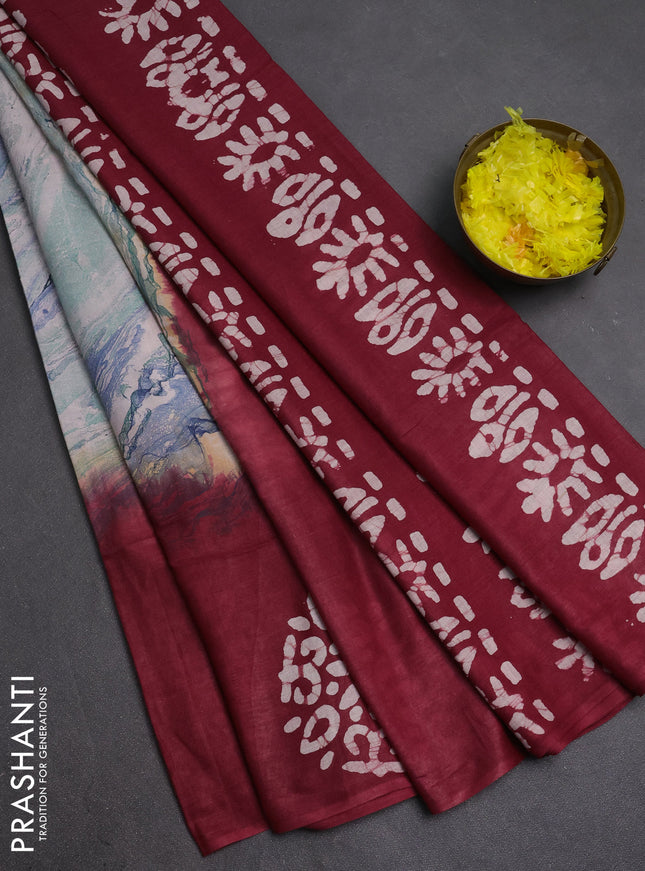 Batik cotton saree multi colour and maroon with allover prints and batik printed border