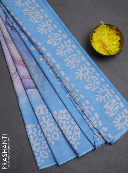 Batik cotton saree multi colour and teal blue with allover prints and batik printed border