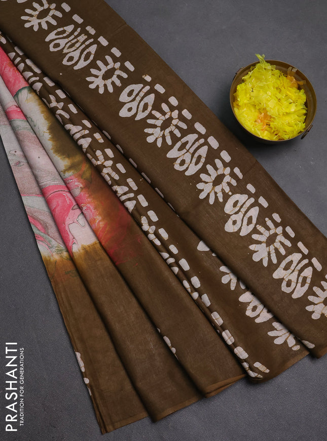 Batik cotton saree multi colour and mehendi green with allover prints and batik printed border