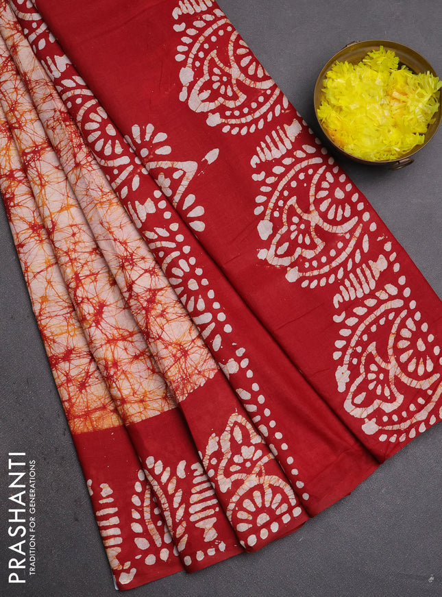 Batik cotton saree off white and maroon with allover prints and batik printed border