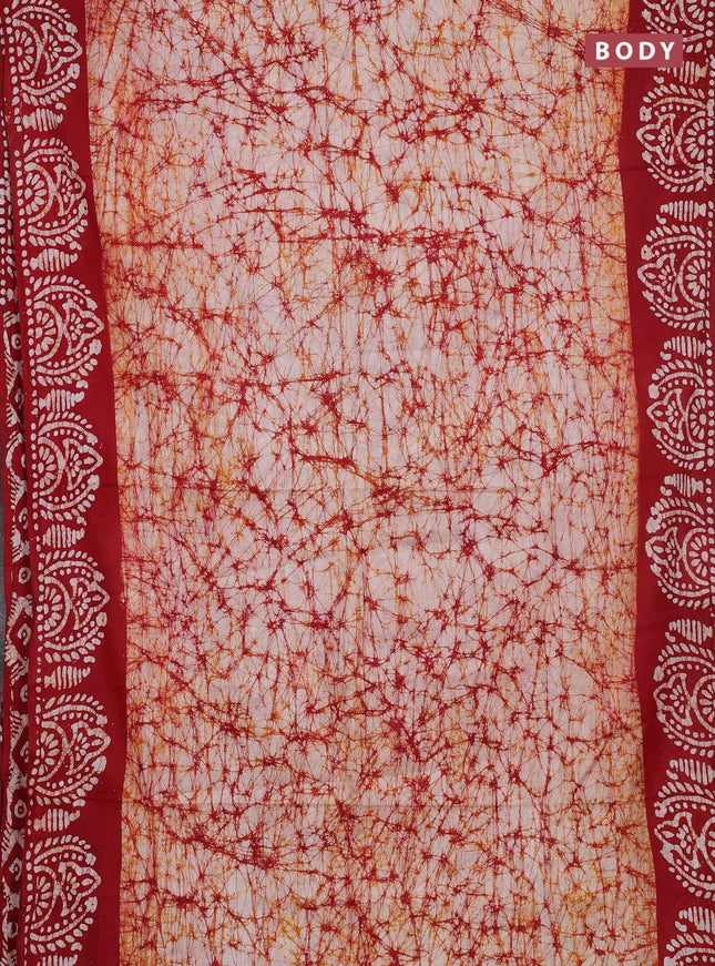 Batik cotton saree off white and maroon with allover prints and batik printed border