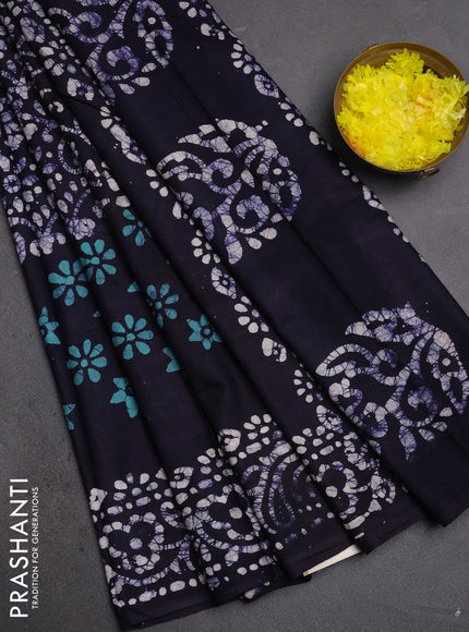 Batik cotton saree navy blue with allover prints and batik printed border