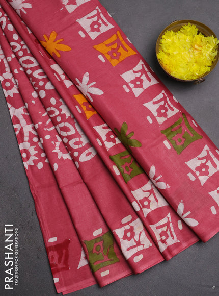 Batik cotton saree pastel maroon with allover prints and batik printed border