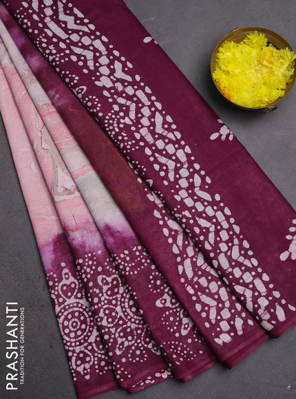 Batik cotton saree multi colour and wine shade with allover prints and batik printed border