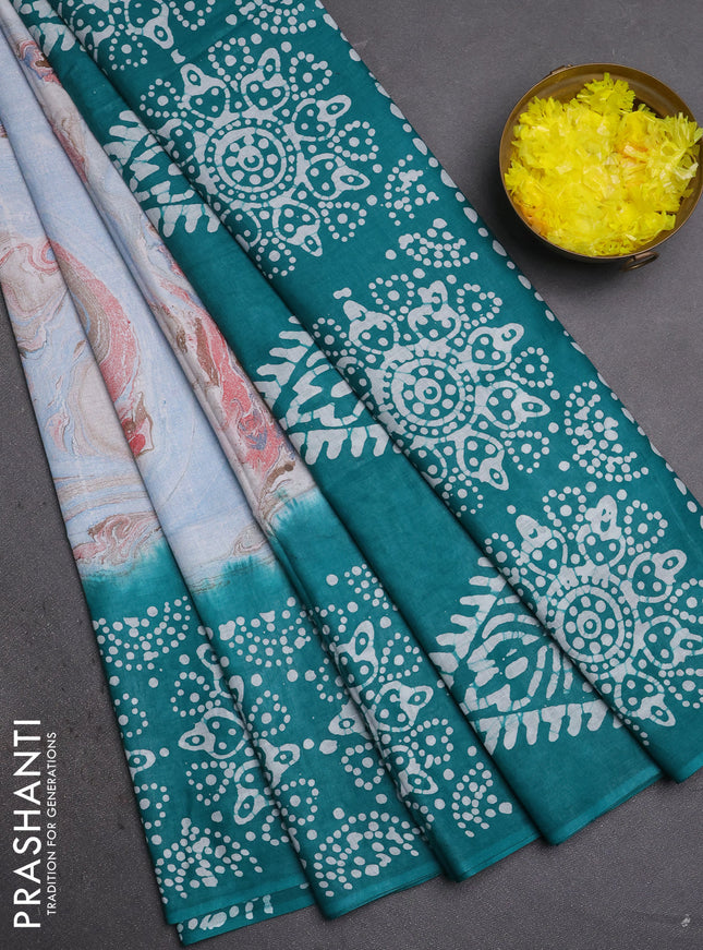 Batik cotton saree multi colour and teal green with allover prints and batik printed border