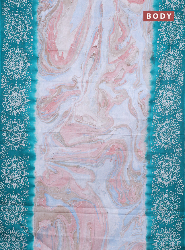 Batik cotton saree multi colour and teal green with allover prints and batik printed border