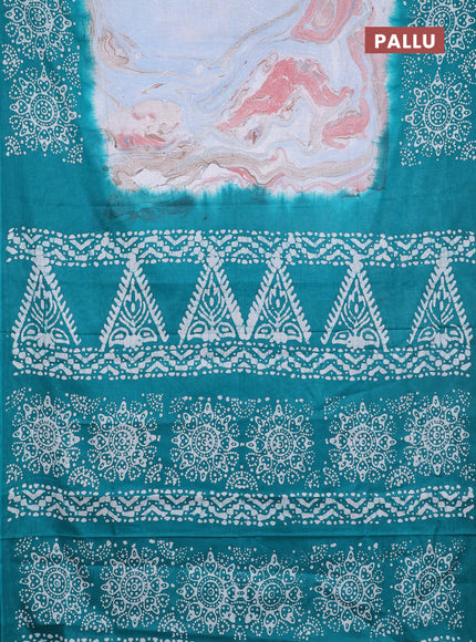 Batik cotton saree multi colour and teal green with allover prints and batik printed border