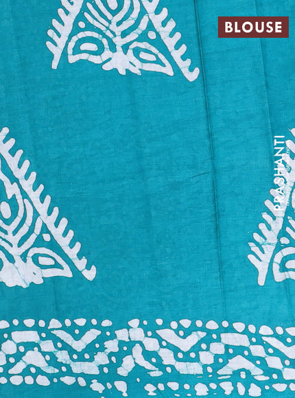 Batik cotton saree multi colour and teal green with allover prints and batik printed border