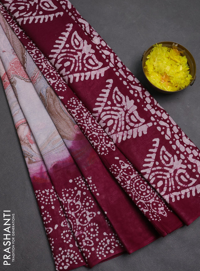 Batik cotton saree multi colour and wine shade with allover prints and batik printed border