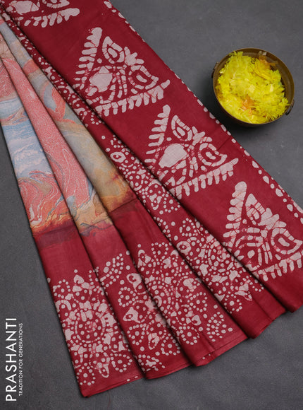 Batik cotton saree multi colour and maroon with allover prints and batik printed border