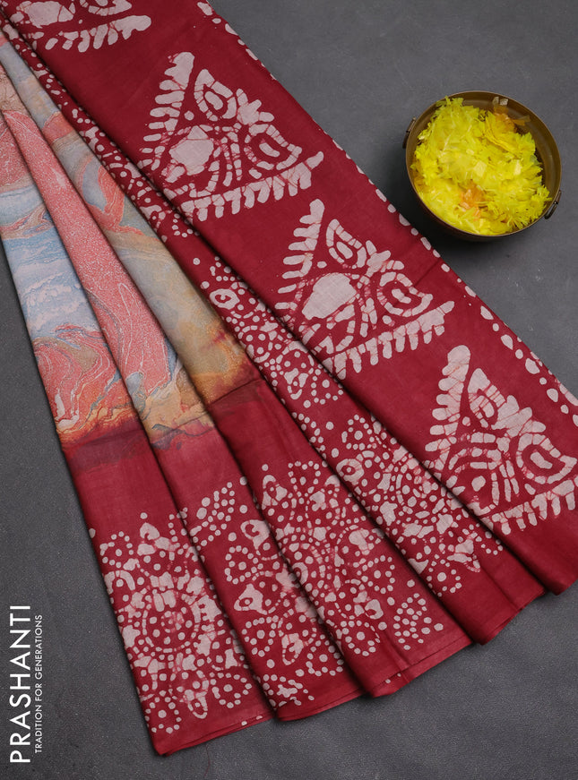 Batik cotton saree multi colour and maroon with allover prints and batik printed border