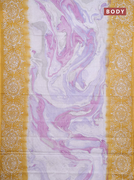 Batik cotton saree multi colour and mustard yellow with allover prints and batik printed border