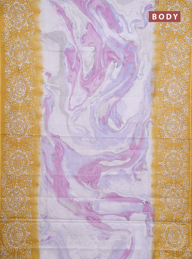 Batik cotton saree multi colour and mustard yellow with allover prints and batik printed border
