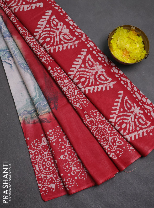 Batik cotton saree multi colour and maroon with allover prints and batik printed border