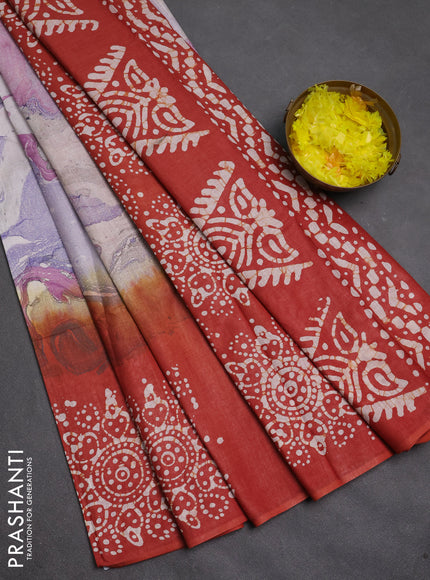 Batik cotton saree multi colour and rust shade with allover prints and batik printed border