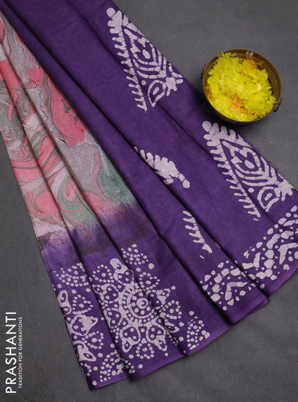 Batik cotton saree multi colour and violet with allover prints and batik printed border