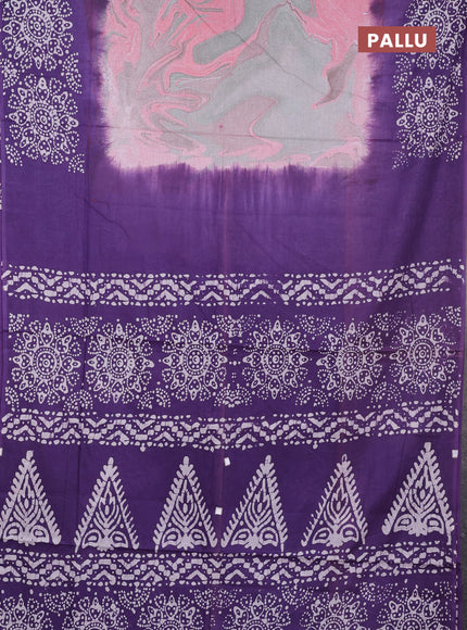 Batik cotton saree multi colour and violet with allover prints and batik printed border