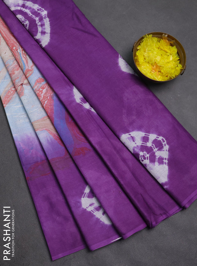 Batik cotton saree multi colour and lavender with allover prints and batik printed border