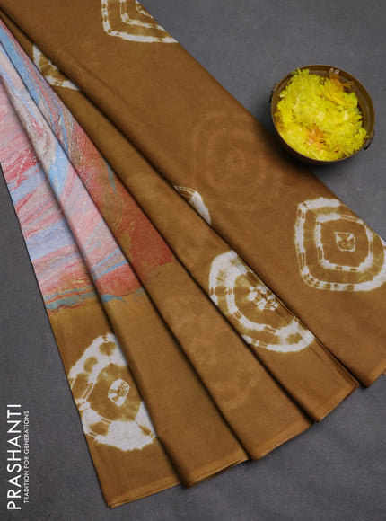 Batik cotton saree multi colour and mustard yellow with allover prints and batik printed border