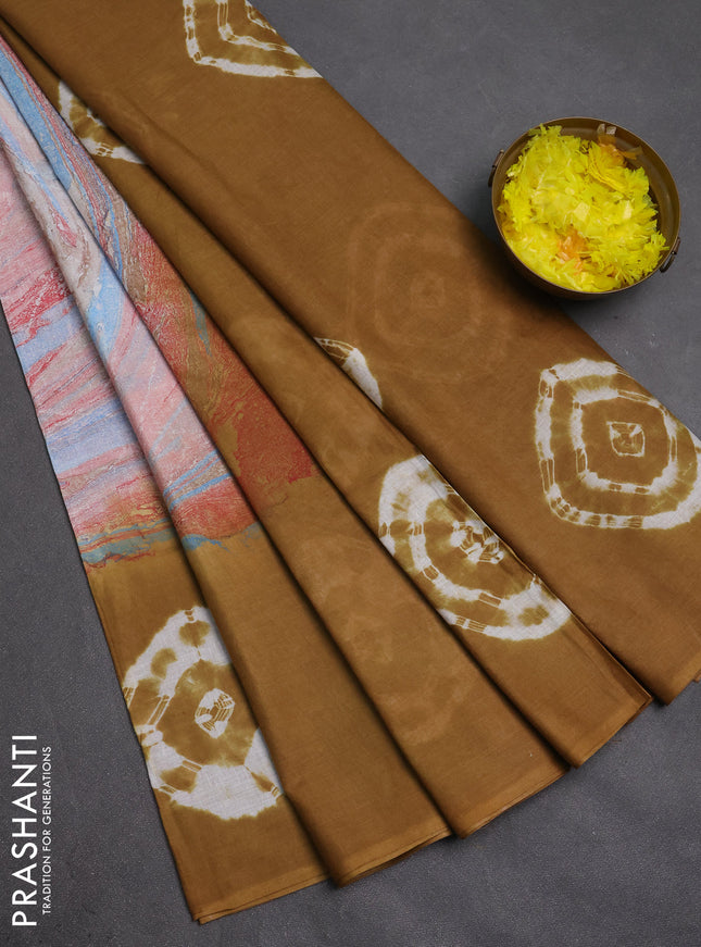 Batik cotton saree multi colour and mustard yellow with allover prints and batik printed border