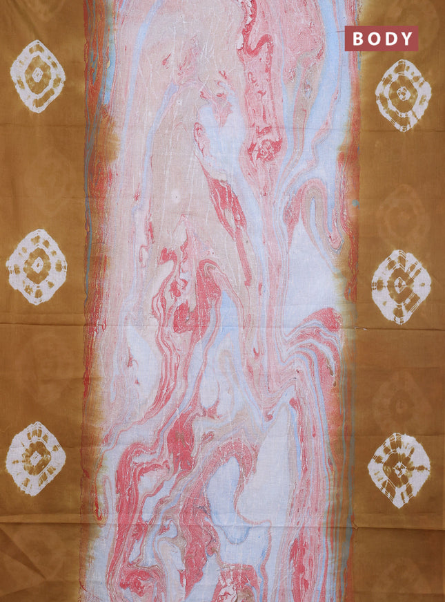 Batik cotton saree multi colour and mustard yellow with allover prints and batik printed border
