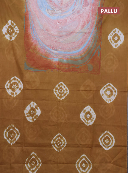 Batik cotton saree multi colour and mustard yellow with allover prints and batik printed border