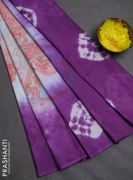 Batik cotton saree multi colour and lavender with allover prints and batik printed border