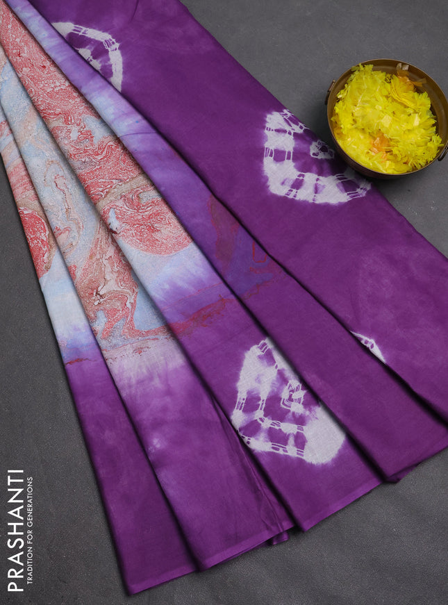 Batik cotton saree multi colour and lavender with allover prints and batik printed border