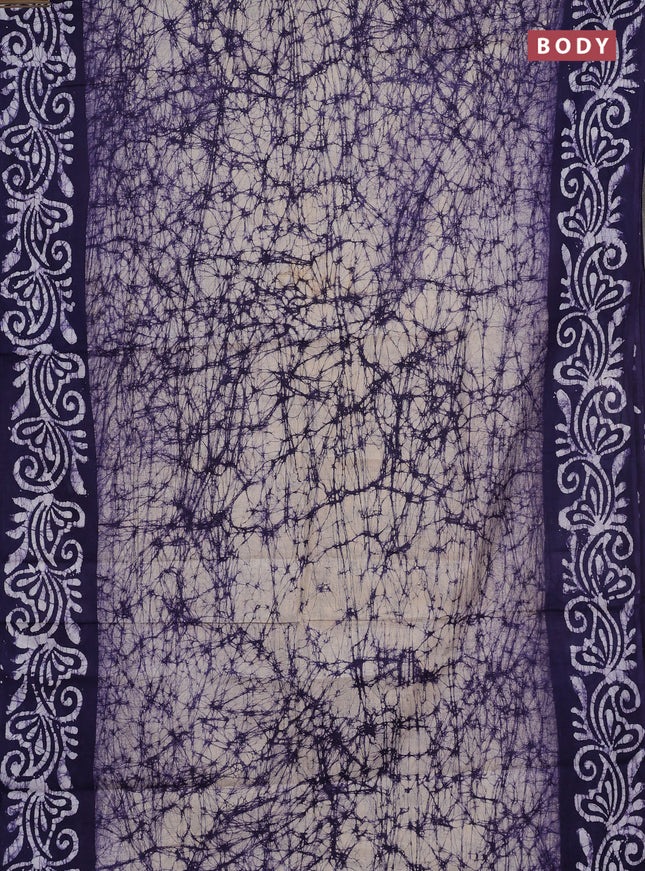 Batik cotton saree beige and navy blue with allover prints and batik printed border