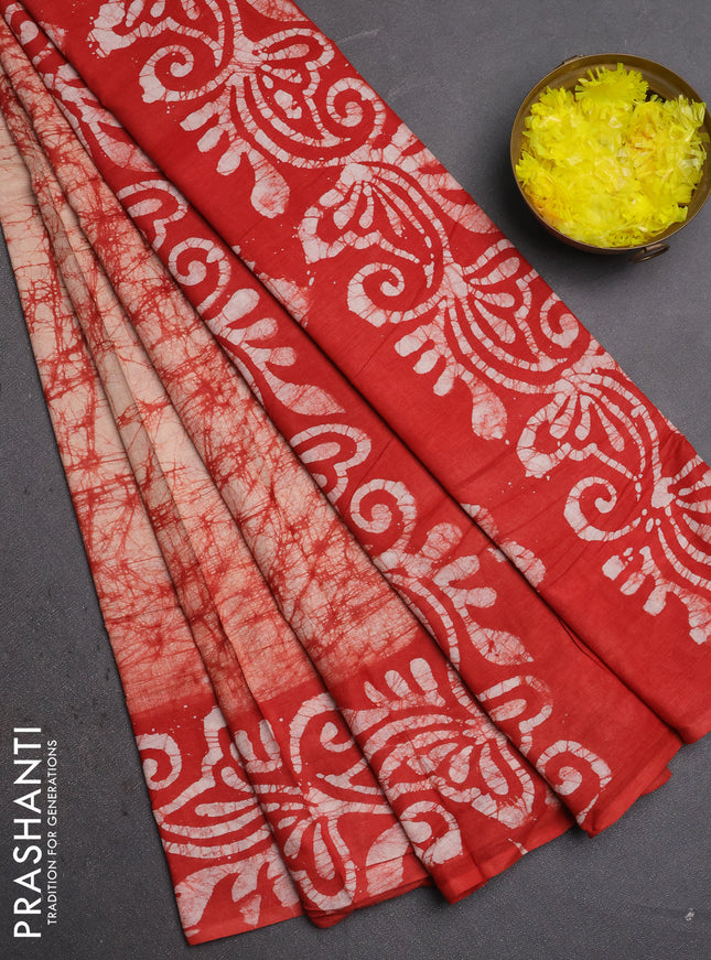 Batik cotton saree red with allover prints and batik printed border