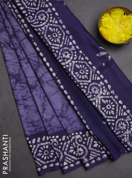 Batik cotton saree bluish grey and navy blue with allover prints and batik printed border