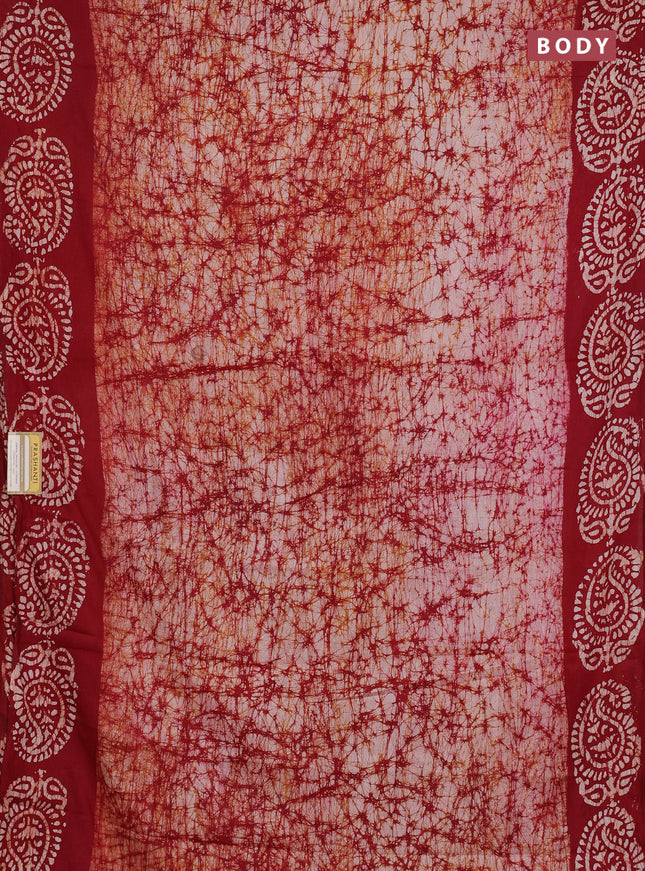 Batik cotton saree red with allover prints and batik printed border