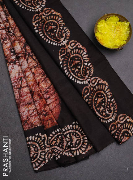 Batik cotton saree off white and black with allover prints and batik printed border