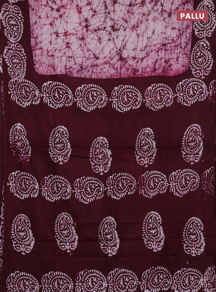 Batik cotton saree off white and wine shade with allover prints and batik printed border