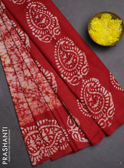 Batik cotton saree red with allover prints and batik printed border