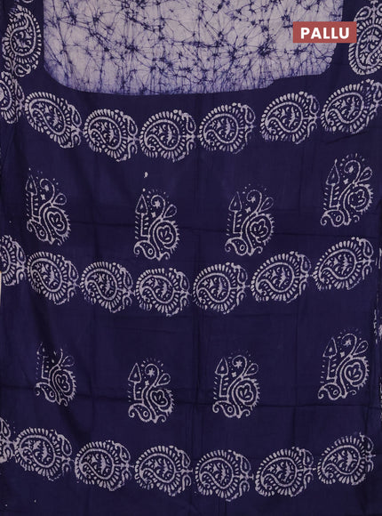 Batik cotton saree off white and navy blue with allover prints and batik printed border