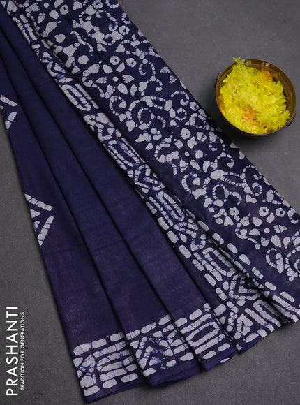 Batik cotton saree navy blue with batik butta prints and batik printed border