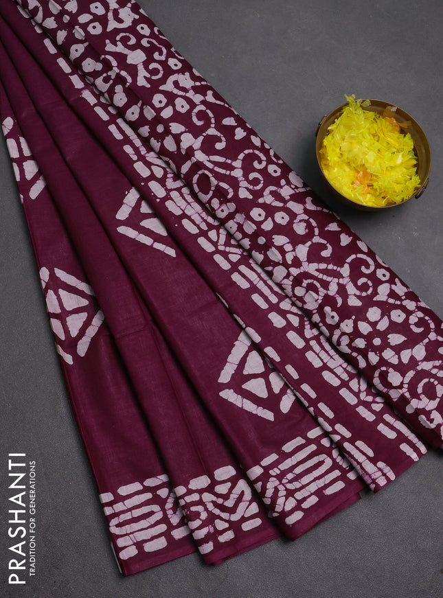 Batik cotton saree deep wine shade with batik butta prints and batik printed border