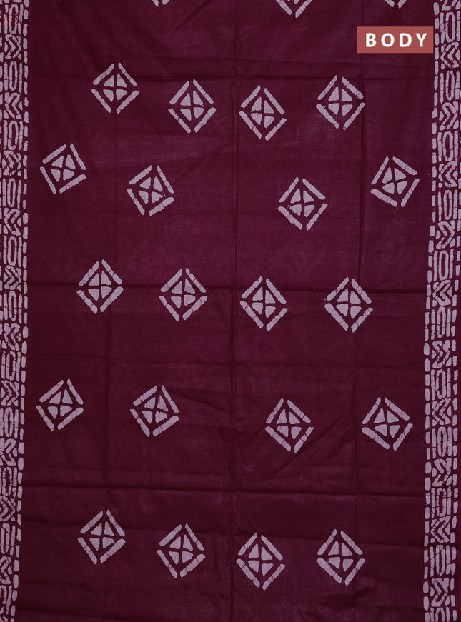 Batik cotton saree deep wine shade with batik butta prints and batik printed border