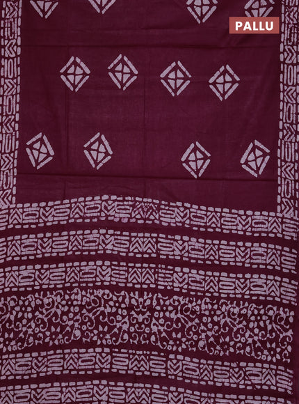 Batik cotton saree deep wine shade with batik butta prints and batik printed border