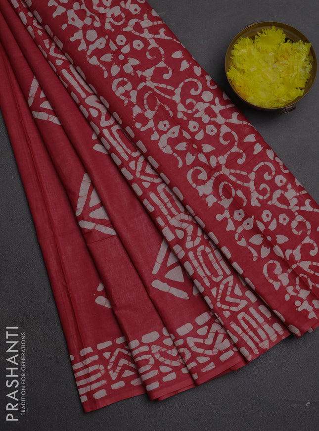 Batik cotton saree maroon with batik butta prints and batik printed border
