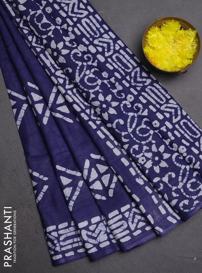 Batik cotton saree navy blue with batik butta prints and batik printed border