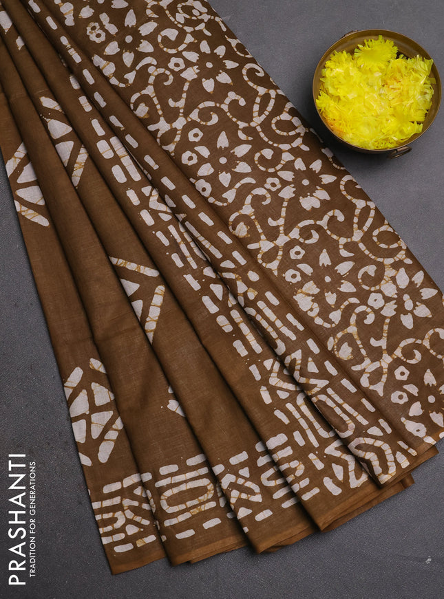 Batik cotton saree mehendi green with batik butta prints and batik printed border
