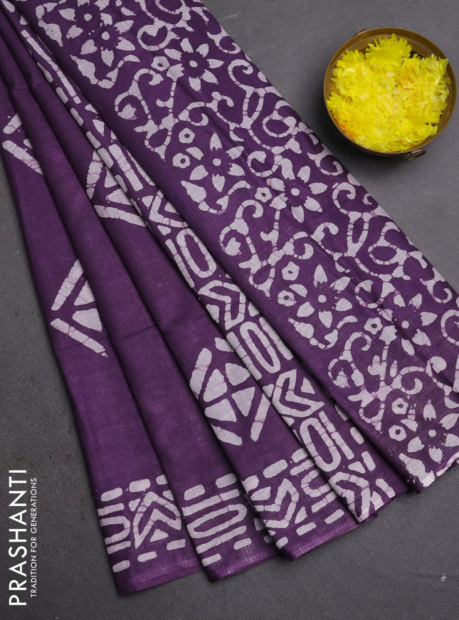 Batik cotton saree violet with batik butta prints and batik printed border