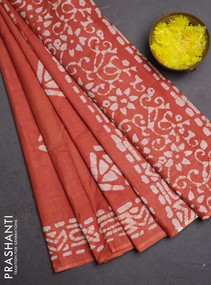 Batik cotton saree rust shade with batik butta prints and batik printed border