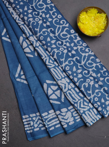 Batik cotton saree peacock blue with batik butta prints and batik printed border